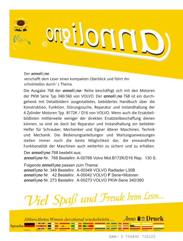 VOLVO  4 Zylinder Motoren Typ  B172K / D16 der PKW Serie Typ 340/360 Bild –Beschreibung & Einstellanleitung & Wartungsanweisung & Reparaturanleitung- annoligno 768